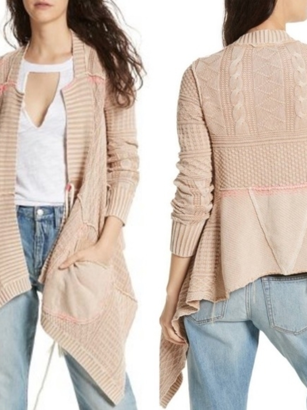 Free People Blush Cream Open-Front Textured Cardigan